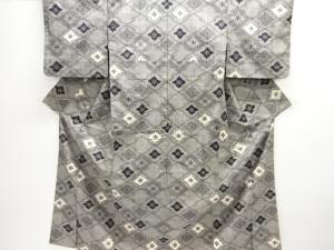 幾何学に花菱模様織り出し手織り節紬着物